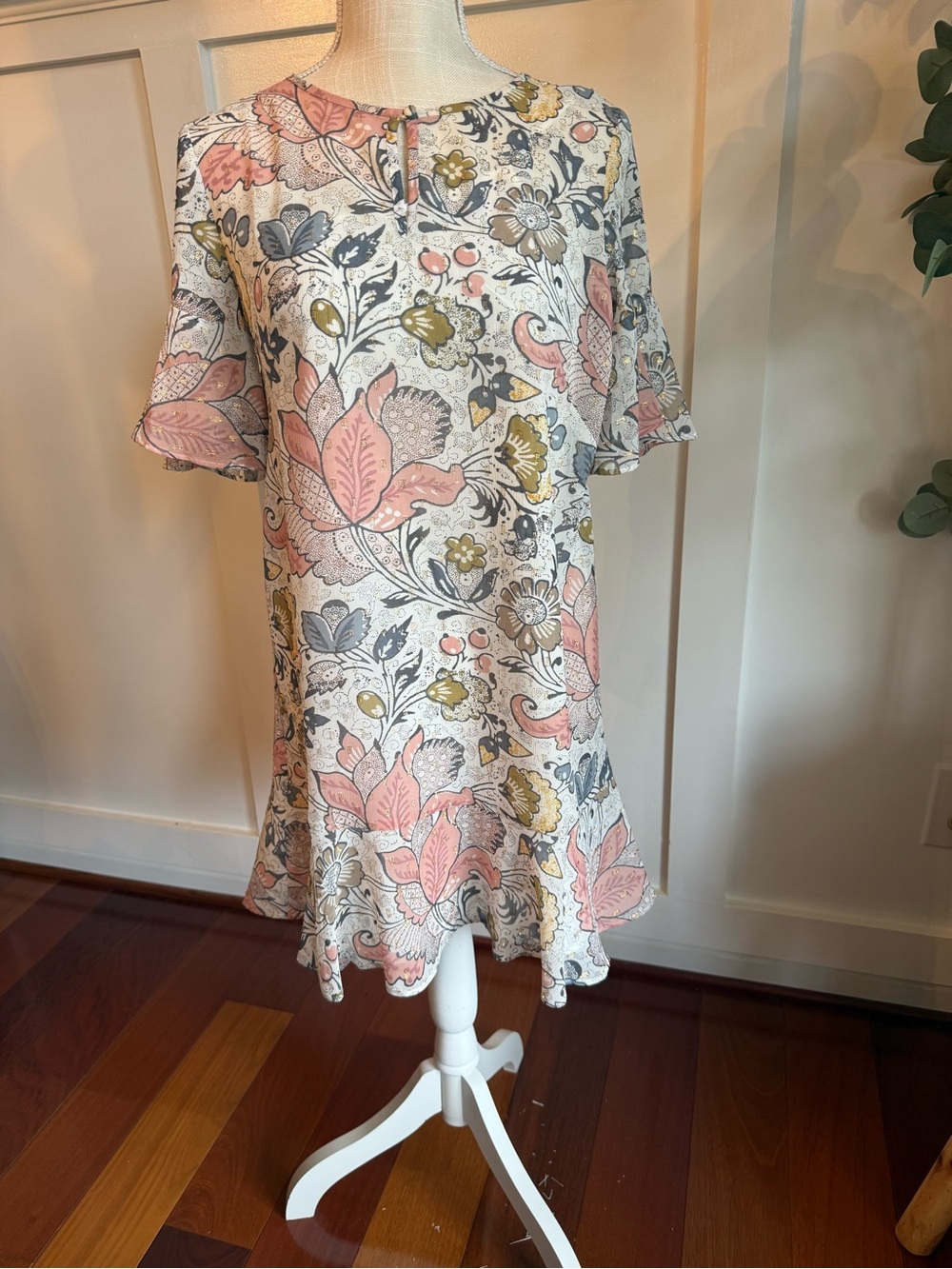 LOFT Floral Swing Dress in Pink, Gray, Olive on Cream  SP
